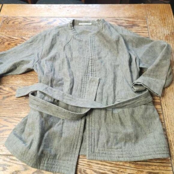 Pomandere green&black linen/cotton blend tie waist jacket sz 42 (US 8) - Picture 1 of 6